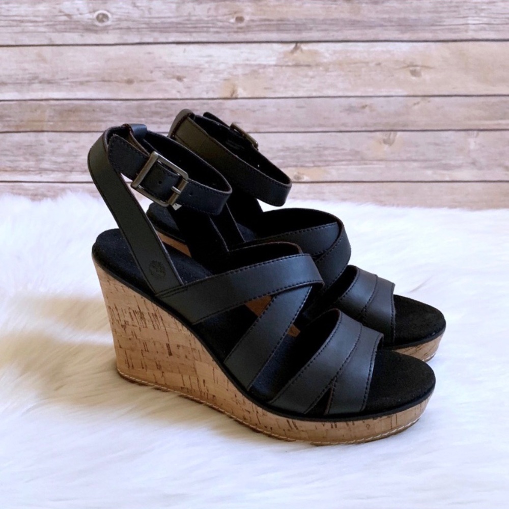 Timberland Danforth Black Leather Wedge Sandals - Picture 3 of 8